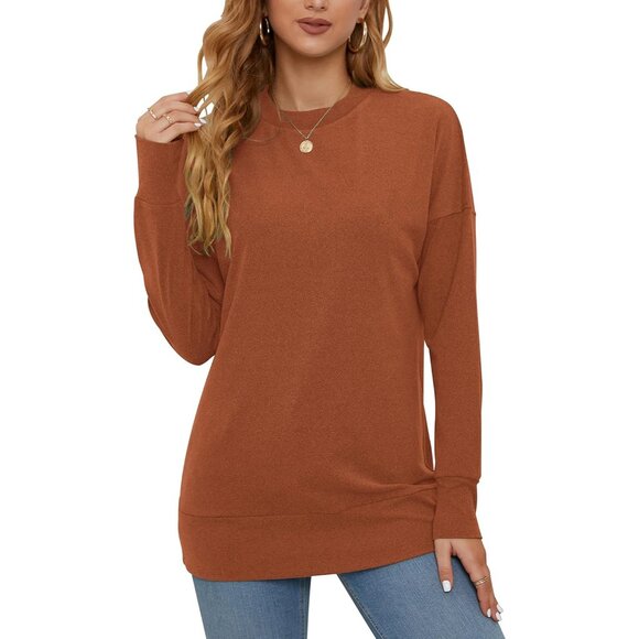 🆕 Women Brown Casual Long Sleeve Round Neck Shirts Tunic Tops Leggings Stylish - Picture 5 of 6